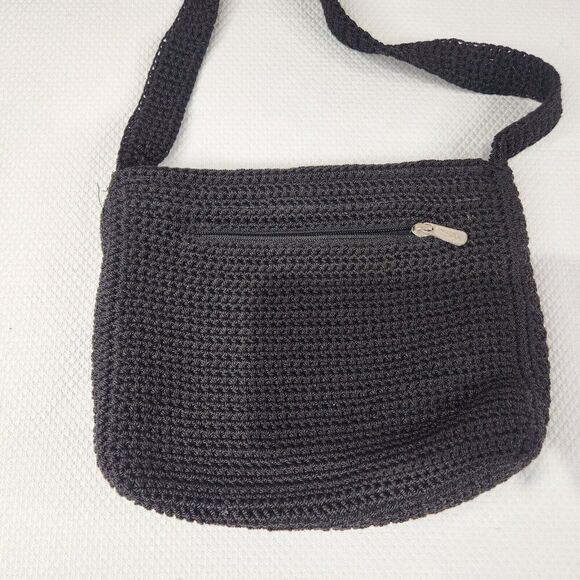 The Sak Crocheted Shoulder Handbag Black Knit Purse Zip Top Lightweight Classic - Picture 3 of 6